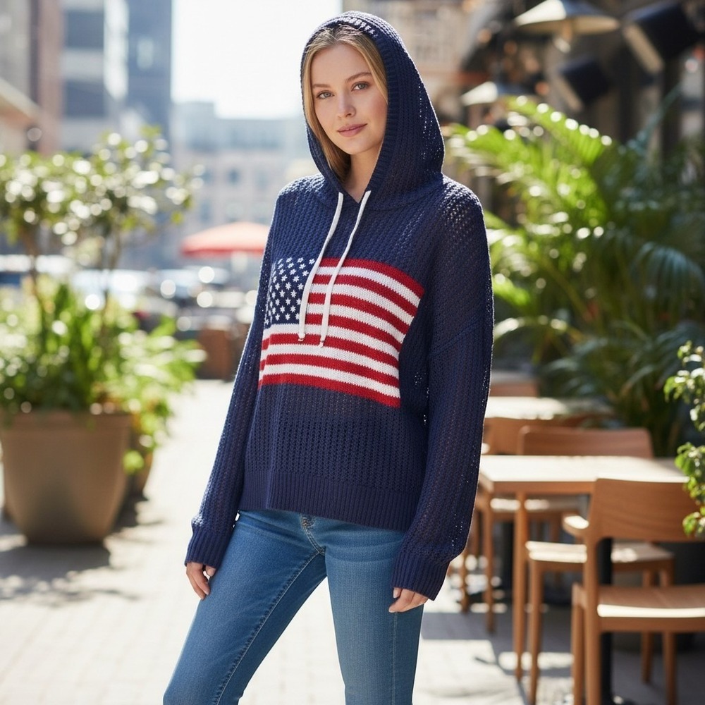 Universal Thread Open Stitch Hooded Pullover Sweater American Flag USA L patriot